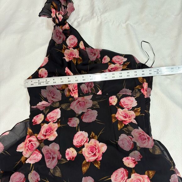 Double Crazy Black Pink Rose One Shoulder High Slit Sexy Cocktail Dress Sz L - Picture 5 of 12